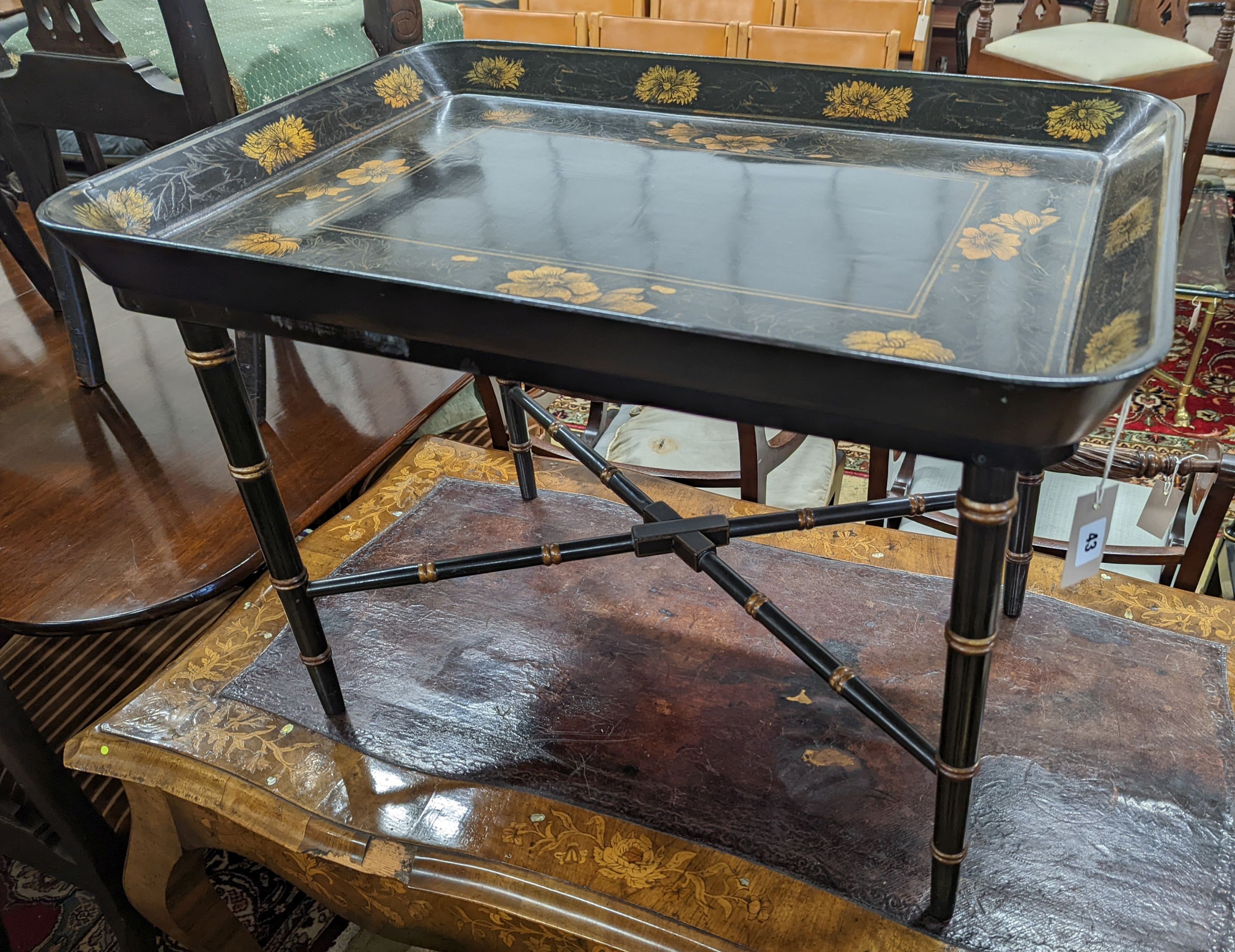 A Regency style rectangular papier mache tray top table, width 76cm, depth 56cm, height 54cm